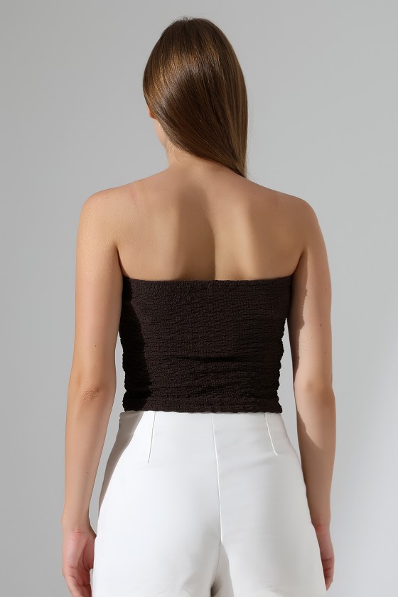 Slim Fit Dar Kesim Jakarlı Viyana Önü 4 Düğmeli Kadın Straplez Crop Atlet 22057 KAHVE