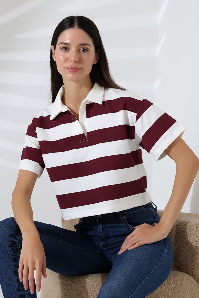 Kalın Çizgili Polo Yaka Kısa Kol T-Shirt 20444 BORDO