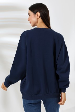 Kalp Nakışlı Şardonlu Bisiklet Yaka Oversize Sweatshirt 21621 LACİVERT