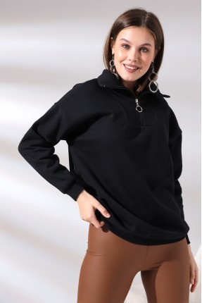 Kamyoncu Yaka Şardonlu Oversize Sweatshirt 21389 SİYAH