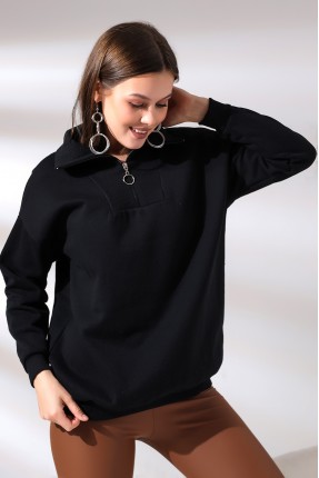 Kamyoncu Yaka Şardonlu Oversize Sweatshirt 21389 SİYAH