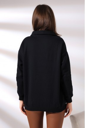 Kamyoncu Yaka Şardonlu Oversize Sweatshirt 21389 SİYAH