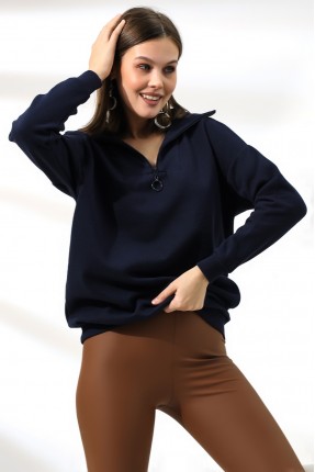 Kamyoncu Yaka Şardonlu Oversize Sweatshirt 21389 LACİVERT