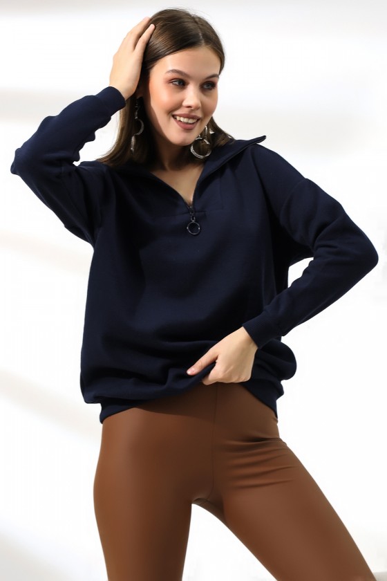 Kamyoncu Yaka Şardonlu Oversize Sweatshirt 21389 LACİVERT