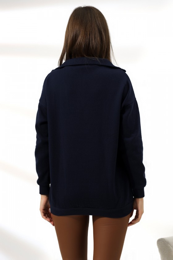 Kamyoncu Yaka Şardonlu Oversize Sweatshirt 21389 LACİVERT