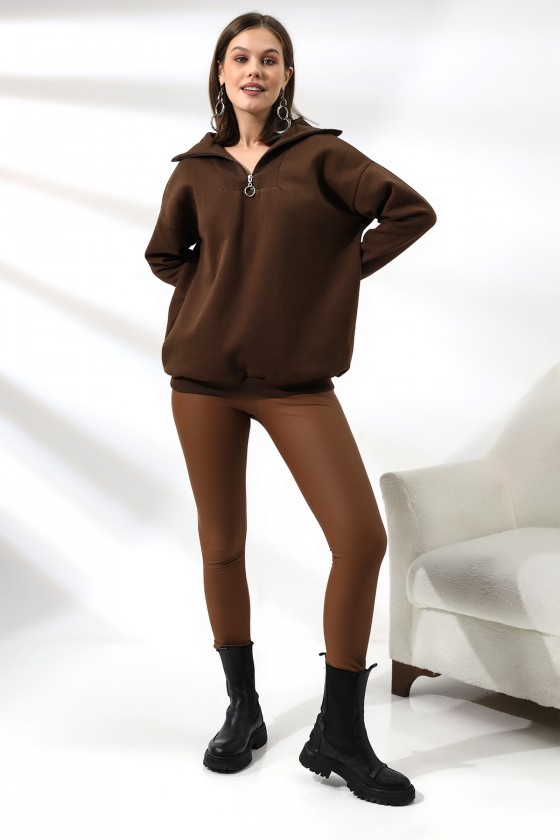 Kamyoncu Yaka Şardonlu Oversize Sweatshirt 21389 KAHVE