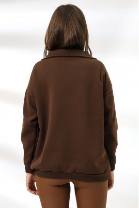 Kamyoncu Yaka Şardonlu Oversize Sweatshirt 21389 KAHVE