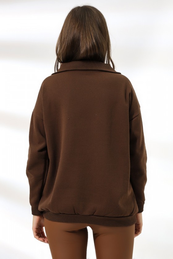 Kamyoncu Yaka Şardonlu Oversize Sweatshirt 21389 KAHVE