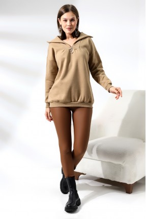 Kamyoncu Yaka Şardonlu Oversize Sweatshirt 21389 BEJ