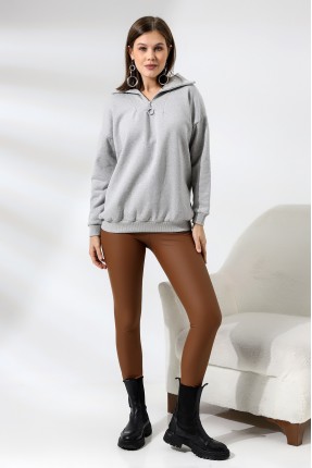 Kamyoncu Yaka Şardonlu Oversize Sweatshirt 21389 GRİMELANJ