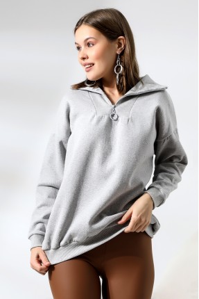 Kamyoncu Yaka Şardonlu Oversize Sweatshirt 21389 GRİMELANJ