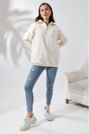 Kamyoncu Yaka Şardonlu Oversize Sweatshirt 21389 EKRU