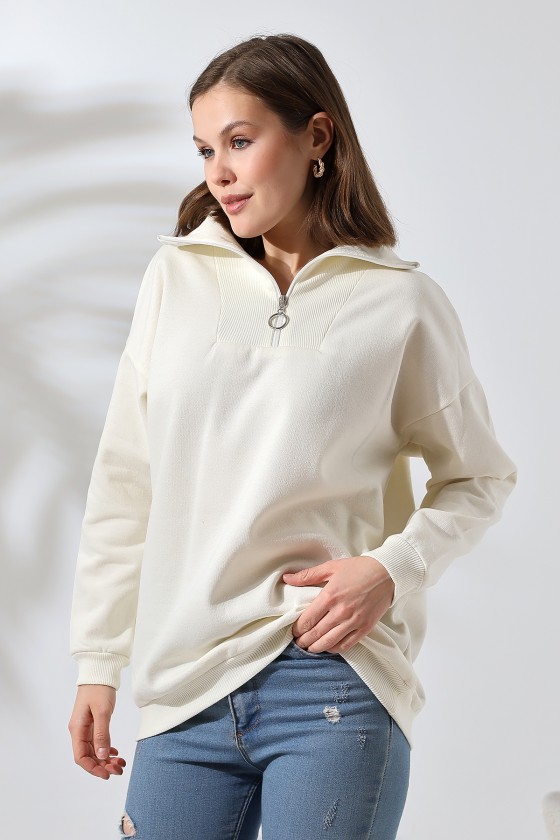 Kamyoncu Yaka Şardonlu Oversize Sweatshirt 21389 EKRU