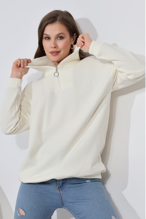 Kamyoncu Yaka Şardonlu Oversize Sweatshirt 21389 EKRU