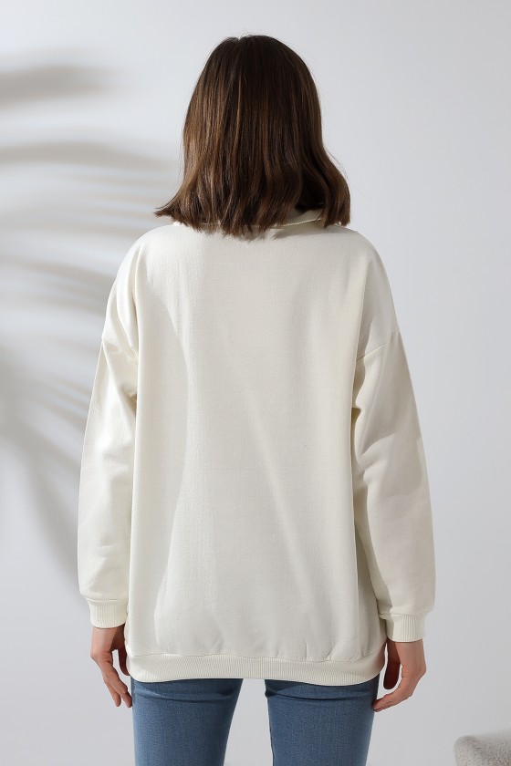 Kamyoncu Yaka Şardonlu Oversize Sweatshirt 21389 EKRU