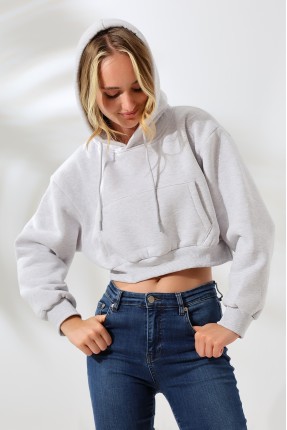 Kapüşonlu Şardonlu Crop Geniş Kalıp Sweatshirt 21653 KARMELANJ