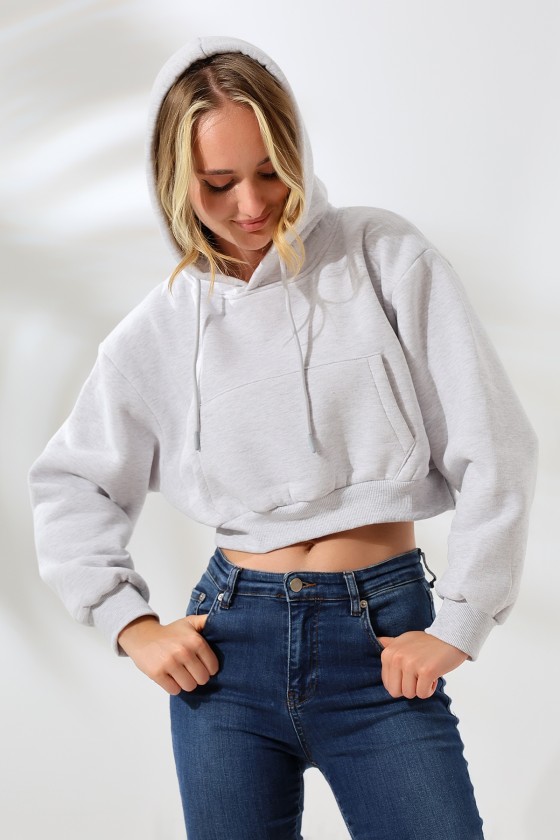 Kapüşonlu Şardonlu Crop Geniş Kalıp Sweatshirt 21653 KARMELANJ