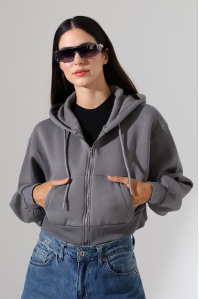 Kapüşonlu Şardonlu Fermuarlı Crop Geniş Kalıp Sweatshirt 21652 BOYALI GRİ