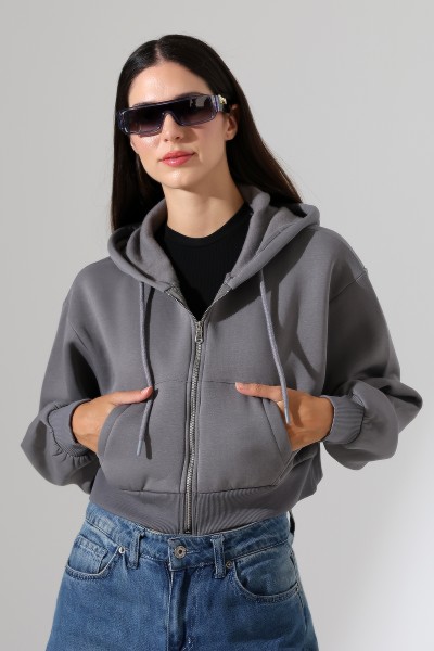 Kapüşonlu Şardonlu Fermuarlı Crop Geniş Kalıp Sweatshirt 21652 BOYALI GRİ