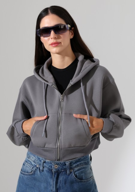 Kapüşonlu Şardonlu Fermuarlı Crop Geniş Kalıp Sweatshirt 21652 BOYALI GRİ