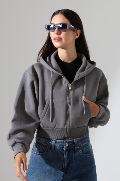 Kapüşonlu Şardonlu Fermuarlı Crop Geniş Kalıp Sweatshirt 21652 BOYALI GRİ