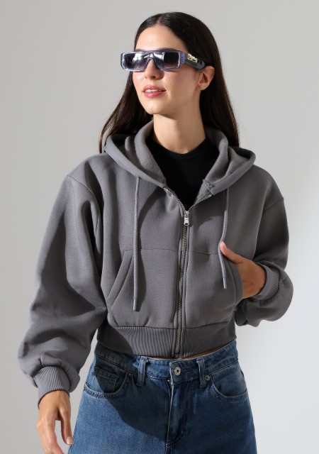 Kapüşonlu Şardonlu Fermuarlı Crop Geniş Kalıp Sweatshirt 21652 BOYALI GRİ