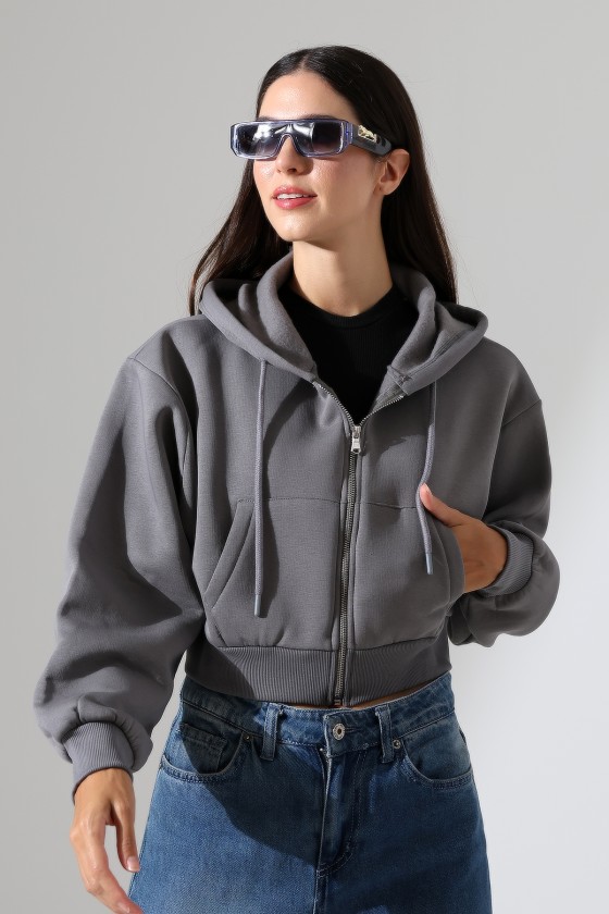 Kapüşonlu Şardonlu Fermuarlı Crop Geniş Kalıp Sweatshirt 21652 BOYALI GRİ