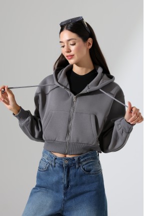 Kapüşonlu Şardonlu Fermuarlı Crop Geniş Kalıp Sweatshirt 21652 BOYALI GRİ