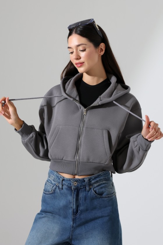 Kapüşonlu Şardonlu Fermuarlı Crop Geniş Kalıp Sweatshirt 21652 BOYALI GRİ