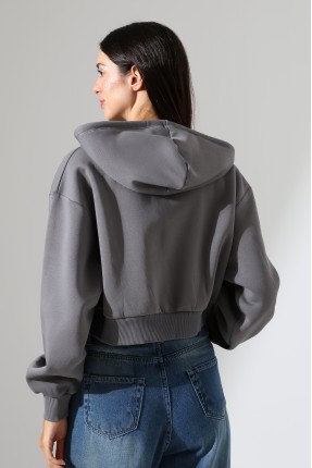 Kapüşonlu Şardonlu Fermuarlı Crop Geniş Kalıp Sweatshirt 21652 BOYALI GRİ