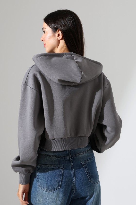 Kapüşonlu Şardonlu Fermuarlı Crop Geniş Kalıp Sweatshirt 21652 BOYALI GRİ