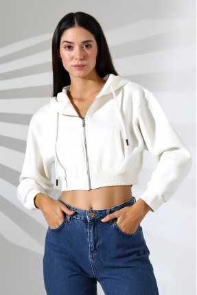 Kapüşonlu Şardonlu Fermuarlı Crop Geniş Kalıp Sweatshirt 21652 EKRU