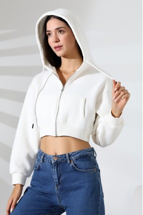 Kapüşonlu Şardonlu Fermuarlı Crop Geniş Kalıp Sweatshirt 21652 EKRU