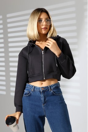 Kapüşonlu Şardonlu Fermuarlı Crop Geniş Kalıp Sweatshirt 21652 FÜME