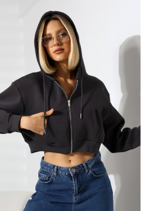 Kapüşonlu Şardonlu Fermuarlı Crop Geniş Kalıp Sweatshirt 21652 FÜME