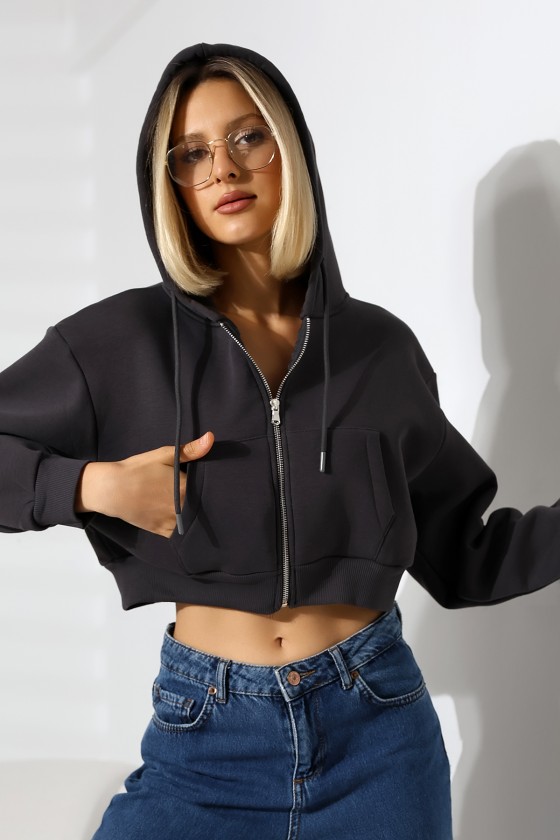 Kapüşonlu Şardonlu Fermuarlı Crop Geniş Kalıp Sweatshirt 21652 FÜME