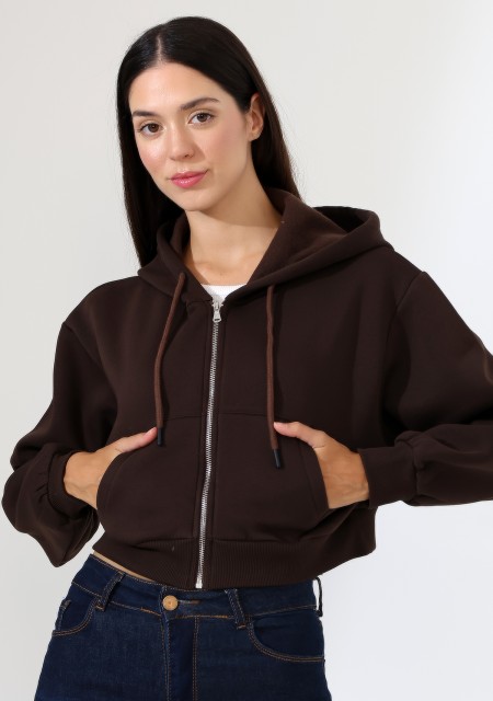 Kapüşonlu Şardonlu Fermuarlı Crop Geniş Kalıp Sweatshirt 21652 KAHVE