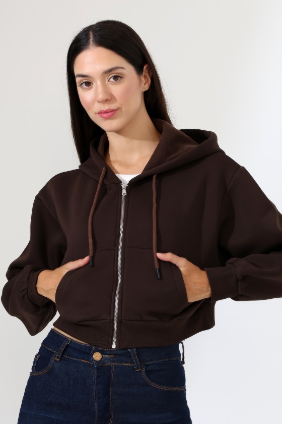 Kapüşonlu Şardonlu Fermuarlı Crop Geniş Kalıp Sweatshirt 21652 KAHVE