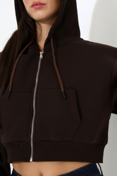 Kapüşonlu Şardonlu Fermuarlı Crop Geniş Kalıp Sweatshirt 21652 KAHVE