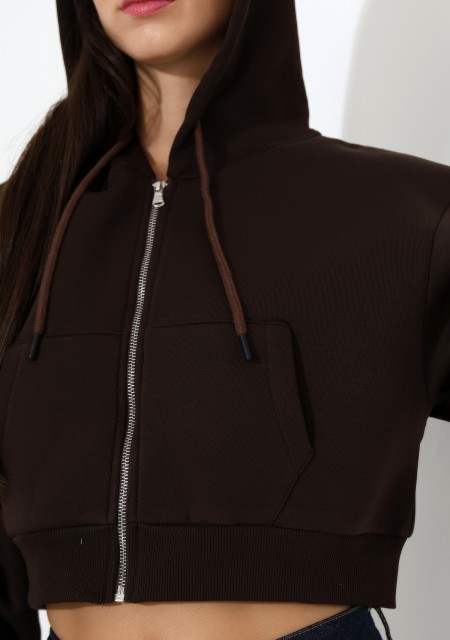 Kapüşonlu Şardonlu Fermuarlı Crop Geniş Kalıp Sweatshirt 21652 KAHVE