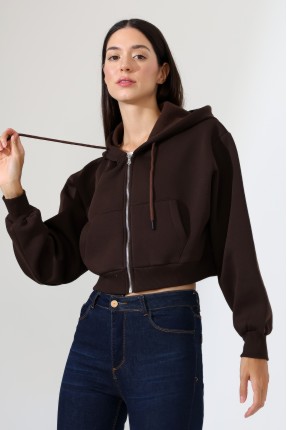Kapüşonlu Şardonlu Fermuarlı Crop Geniş Kalıp Sweatshirt 21652 KAHVE
