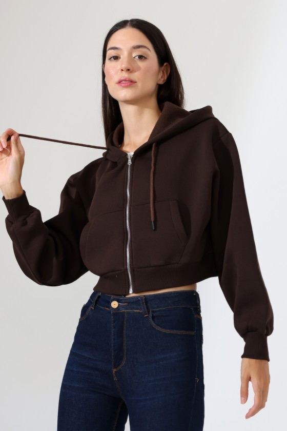 Kapüşonlu Şardonlu Fermuarlı Crop Geniş Kalıp Sweatshirt 21652 KAHVE