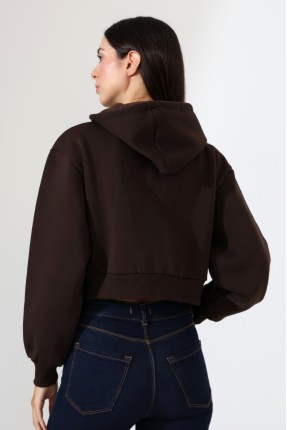 Kapüşonlu Şardonlu Fermuarlı Crop Geniş Kalıp Sweatshirt 21652 KAHVE