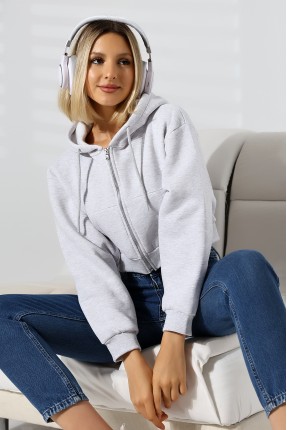 Kapüşonlu Şardonlu Fermuarlı Crop Geniş Kalıp Sweatshirt 21652 KARMELANJ