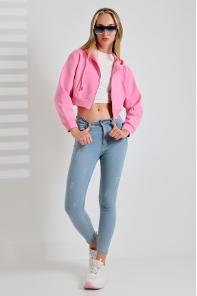 Kapüşonlu Şardonlu Fermuarlı Crop Geniş Kalıp Sweatshirt 21652 PEMBE