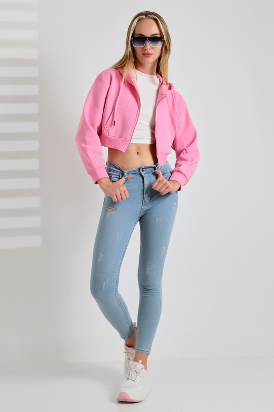 Kapüşonlu Şardonlu Fermuarlı Crop Geniş Kalıp Sweatshirt 21652 PEMBE