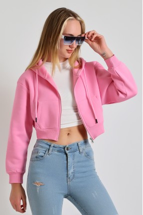 Kapüşonlu Şardonlu Fermuarlı Crop Geniş Kalıp Sweatshirt 21652 PEMBE