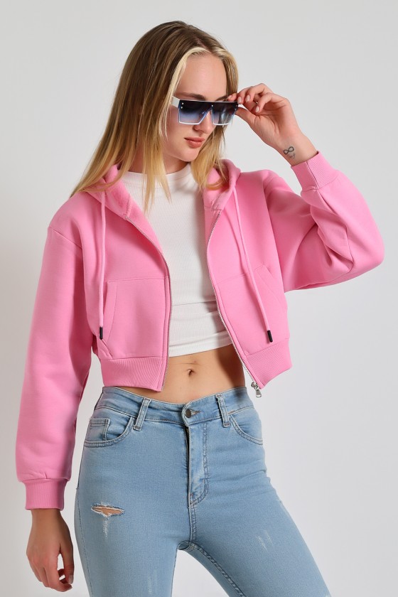 Kapüşonlu Şardonlu Fermuarlı Crop Geniş Kalıp Sweatshirt 21652 PEMBE