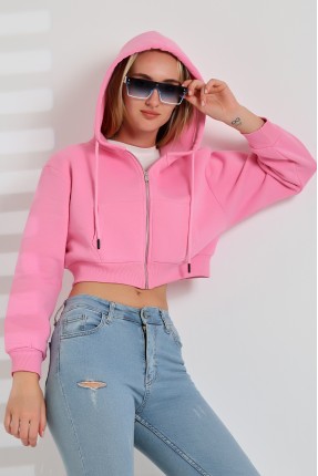 Kapüşonlu Şardonlu Fermuarlı Crop Geniş Kalıp Sweatshirt 21652 PEMBE