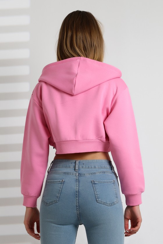 Kapüşonlu Şardonlu Fermuarlı Crop Geniş Kalıp Sweatshirt 21652 PEMBE